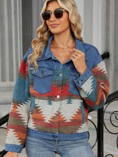 Geometric Denim Jacket - Button-Up Long Sleeve Style - Fashions Envy