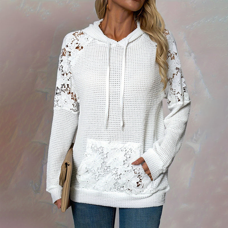 Women's Solid Color Casual Hoodie With Lace-Trim