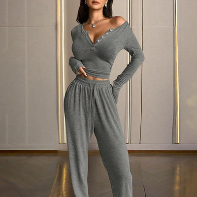 Sexy V-Neck Button-Up Fitted Long Sleeve T-Shirt & High-Waist Flared Wide-Leg Stretchy Pants Set
