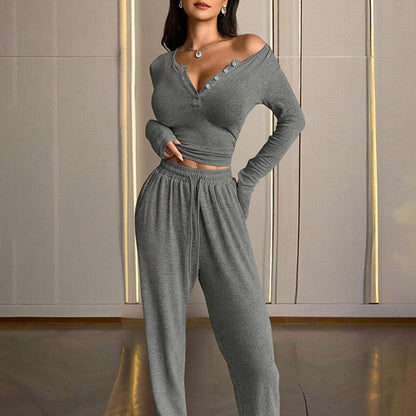 Sexy V-Neck Button-Up Fitted Long Sleeve T-Shirt & High-Waist Flared Wide-Leg Stretchy Pants Set