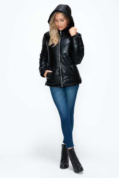 Black Pocketed Zip Up Puffer Jacket with Removable Hood