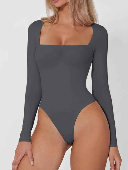 Square Neck Long Sleeve Bodysuit - Sleek Fitted Style - Fashions Envy