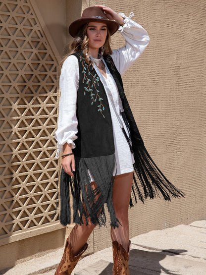 Faux Suede Fringe Hem Open Front Vest - Fashions Envy