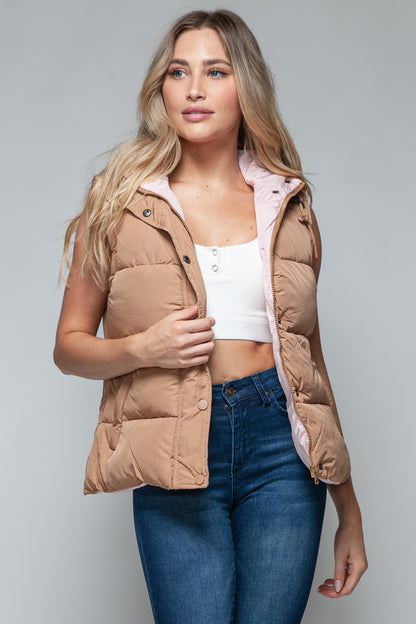 Camel Snap and Zip Closure Hooded Vest