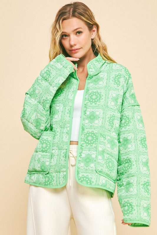 Neon Green Vintage Print Open Front Jacket with Pockets