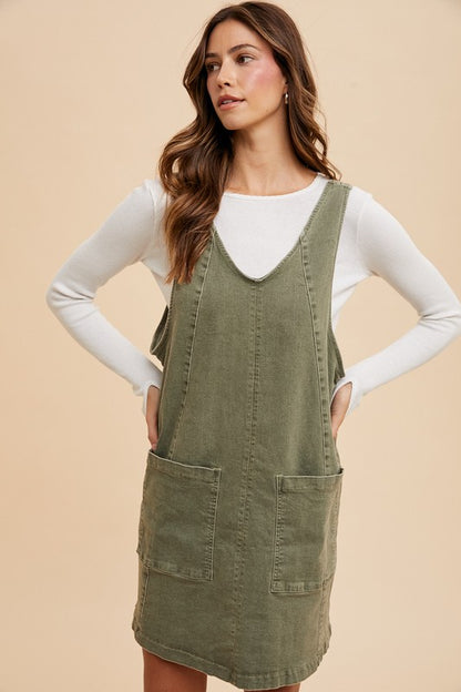 Annie Wear V-Neck Adjustable Strap Denim Overall Dress with Pockets