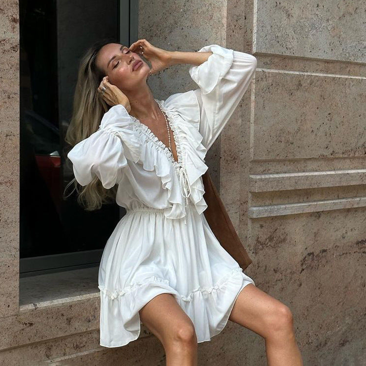 V-Neck Pleated Ruffle Long Sleeve Y2K Mini Dress