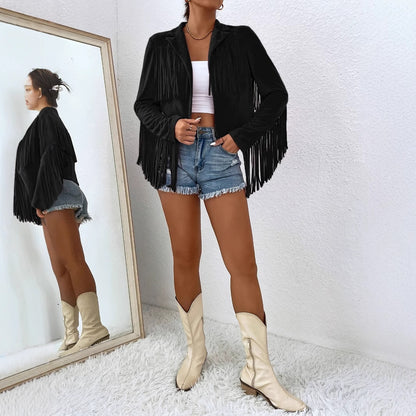 Women's Black V-Neck Fringe Jacket - Long Sleeve Short Coat