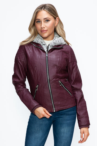 Wine Faux Layered Double-Zipper Jacket with Fuzzy Hood