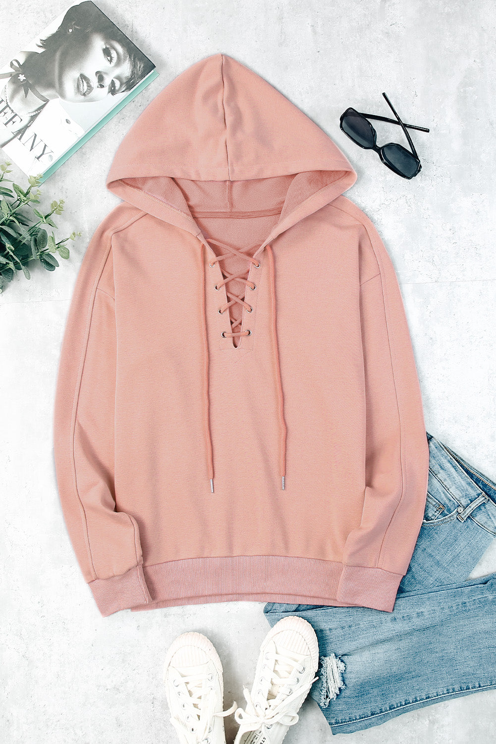 Lace Up V-neck Long Sleeve Hoodie