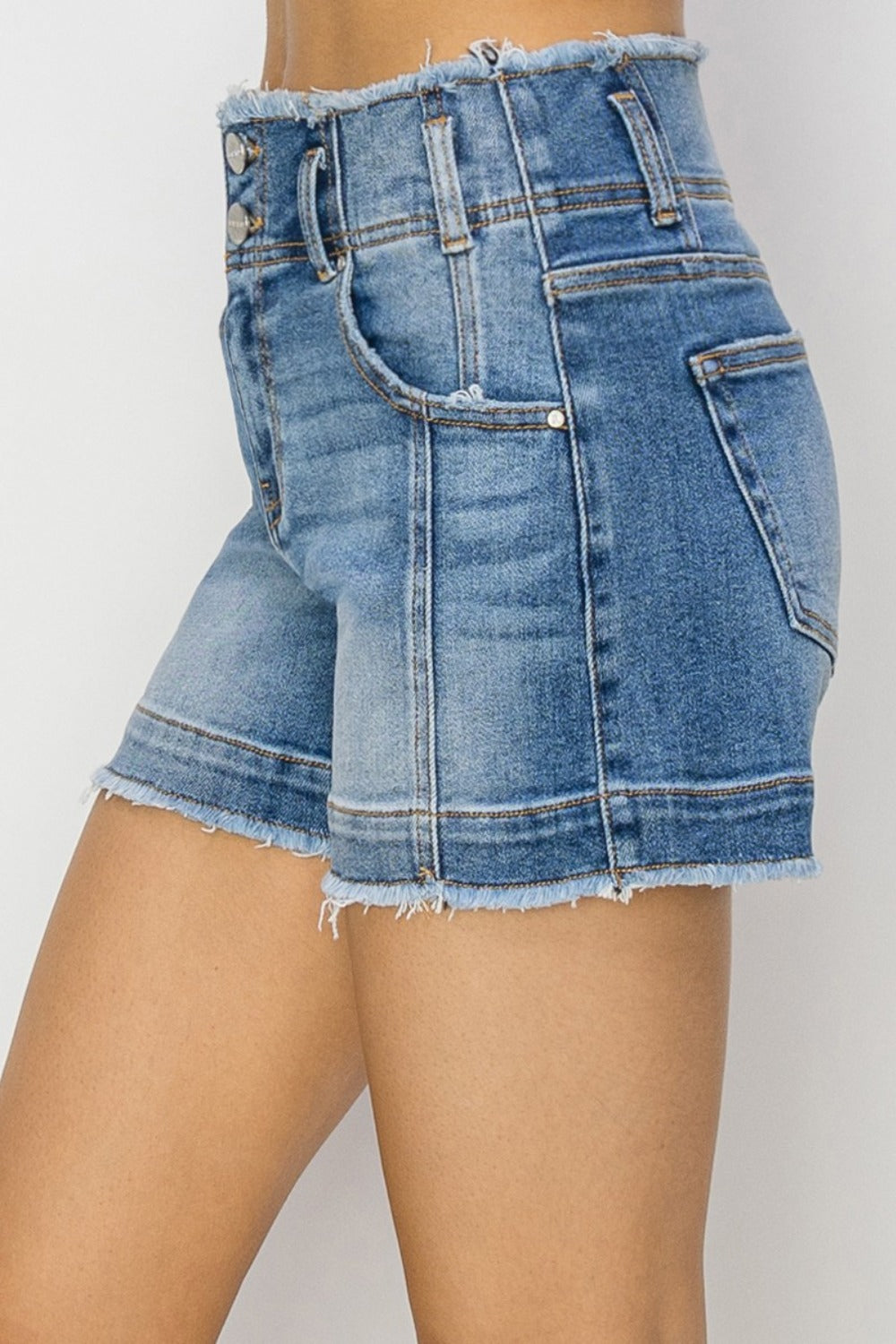 High Rise Seam Detailed Raw Edge Risen Denim Shorts