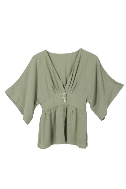 Draped Sleeve V-Neck Button Down Blouse