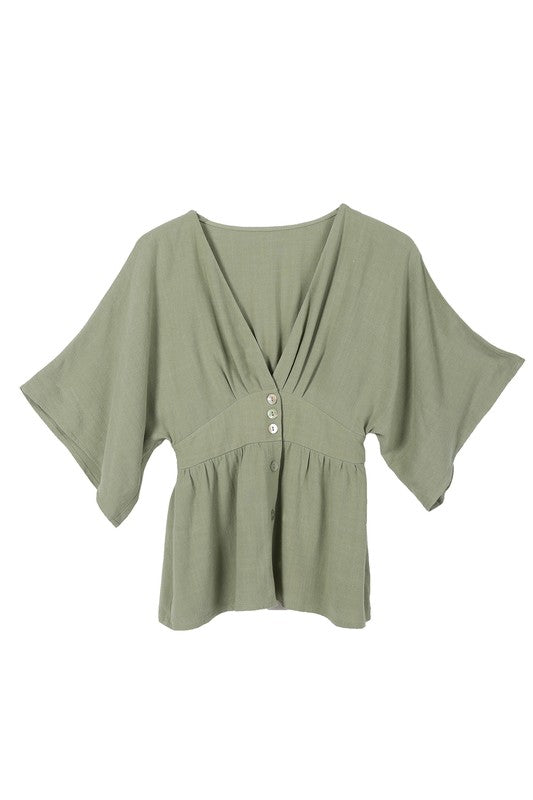 Draped Sleeve V-Neck Button Down Blouse