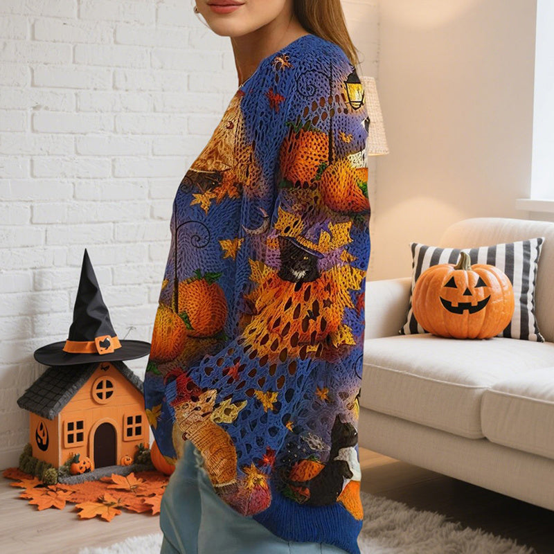 Diamond Hollow Out Batwing Sleeve Top - Loose Fit Pumpkin Halloween Print