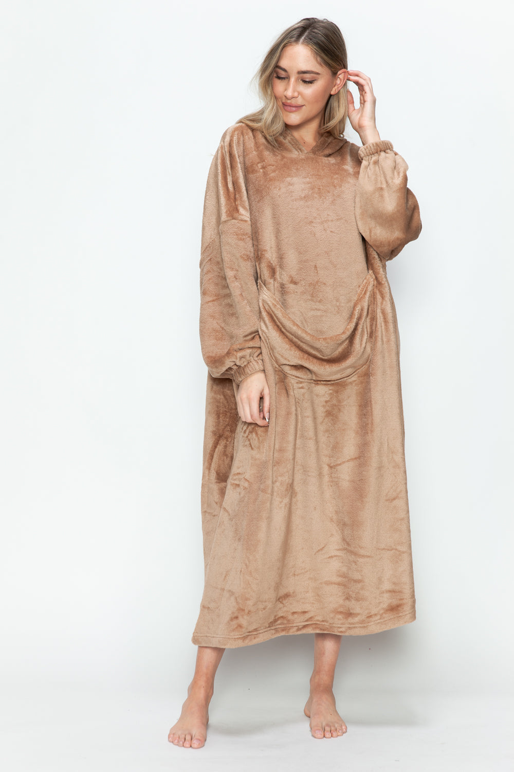 Double Take Full Size Pocketed Hooded Midi Lounge Dress