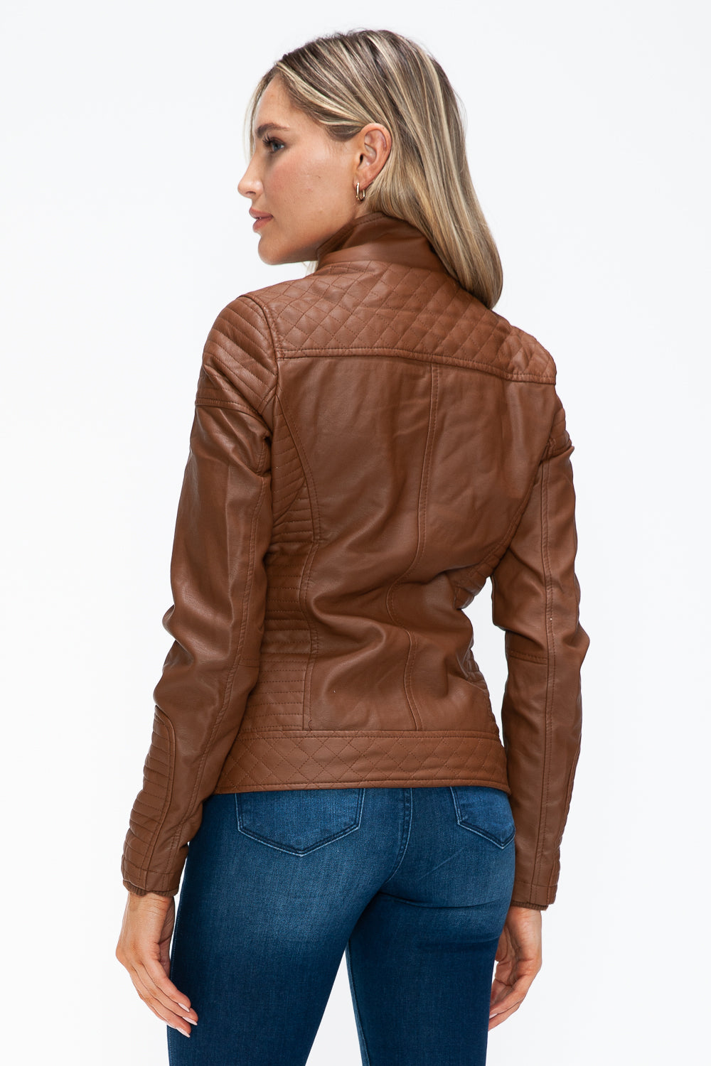 Rust Faux Layered Double-Zipper Jacket with Fuzzy Hood