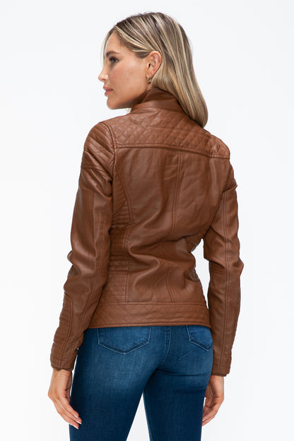 Rust Faux Layered Double-Zipper Jacket with Fuzzy Hood