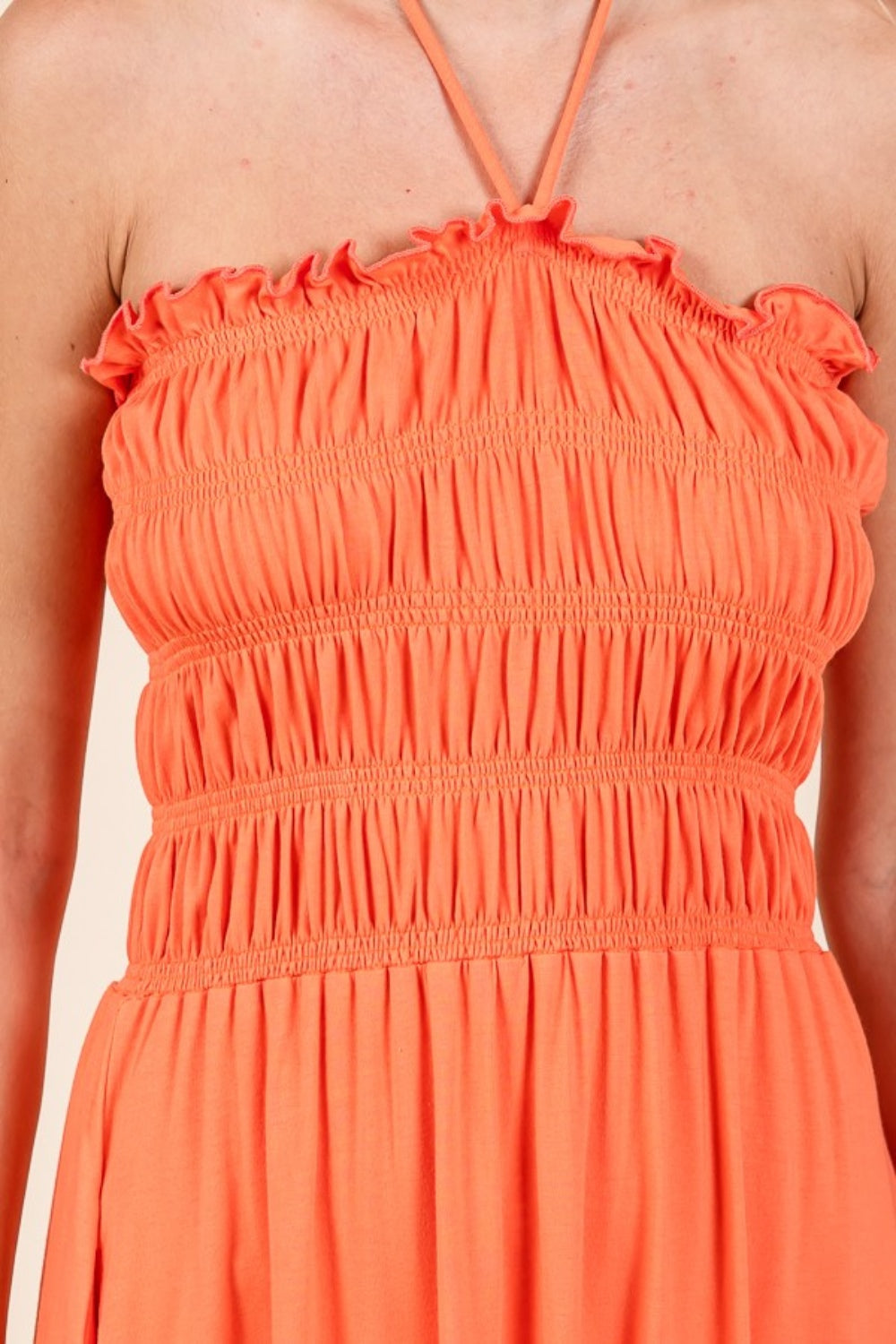 Living Coral Tie Back Shirring Dress with Pockets