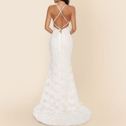 V-Neck Wedding Dress - Elegant Trailing Bridal Gown