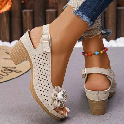 Floral Accent Block Heel Sandals