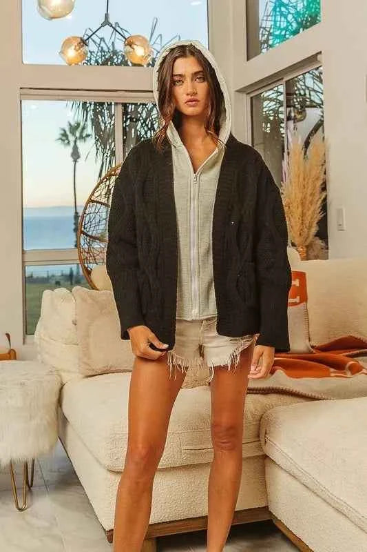 BiBi Knit Hoodie Sweater Jacket - Black Grey Rhombus