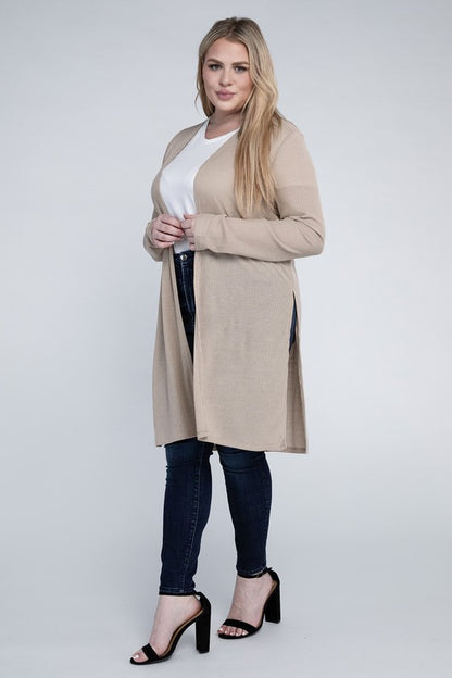 Plus Open Front Side Slit Everyday Long Cardigan