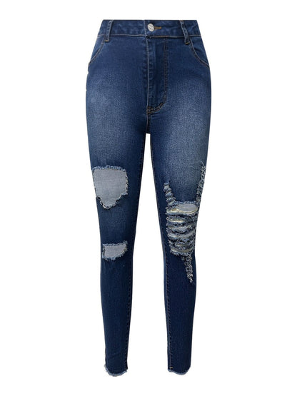 Distressed Skinny Medium Denim Jeans with Pockets