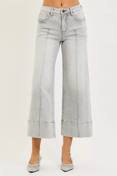 RISEN Tummy Control Mid Rise Crop Wide Pintuck Front Jeans - Fashions Envy