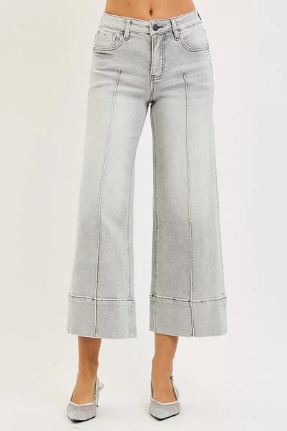 RISEN Tummy Control Mid Rise Crop Wide Pintuck Front Jeans - Fashions Envy
