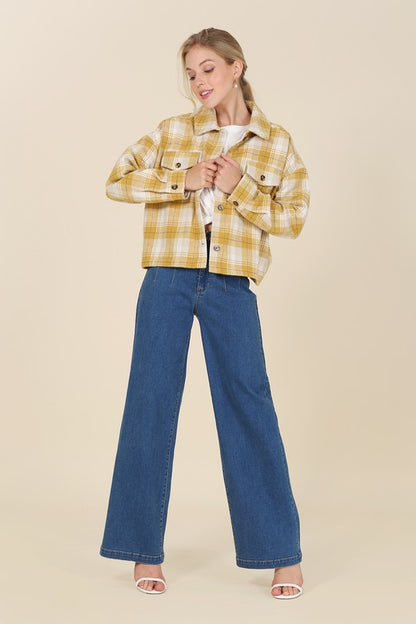 Plaid Cropped Drop Shoulder Shacket with Pockets