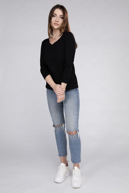 Cotton V-Neck Long Sleeve Casual T-Shirt