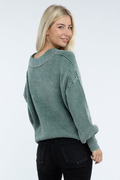 Ribbed Washed Collared Henley Sweater - Fashions Envy