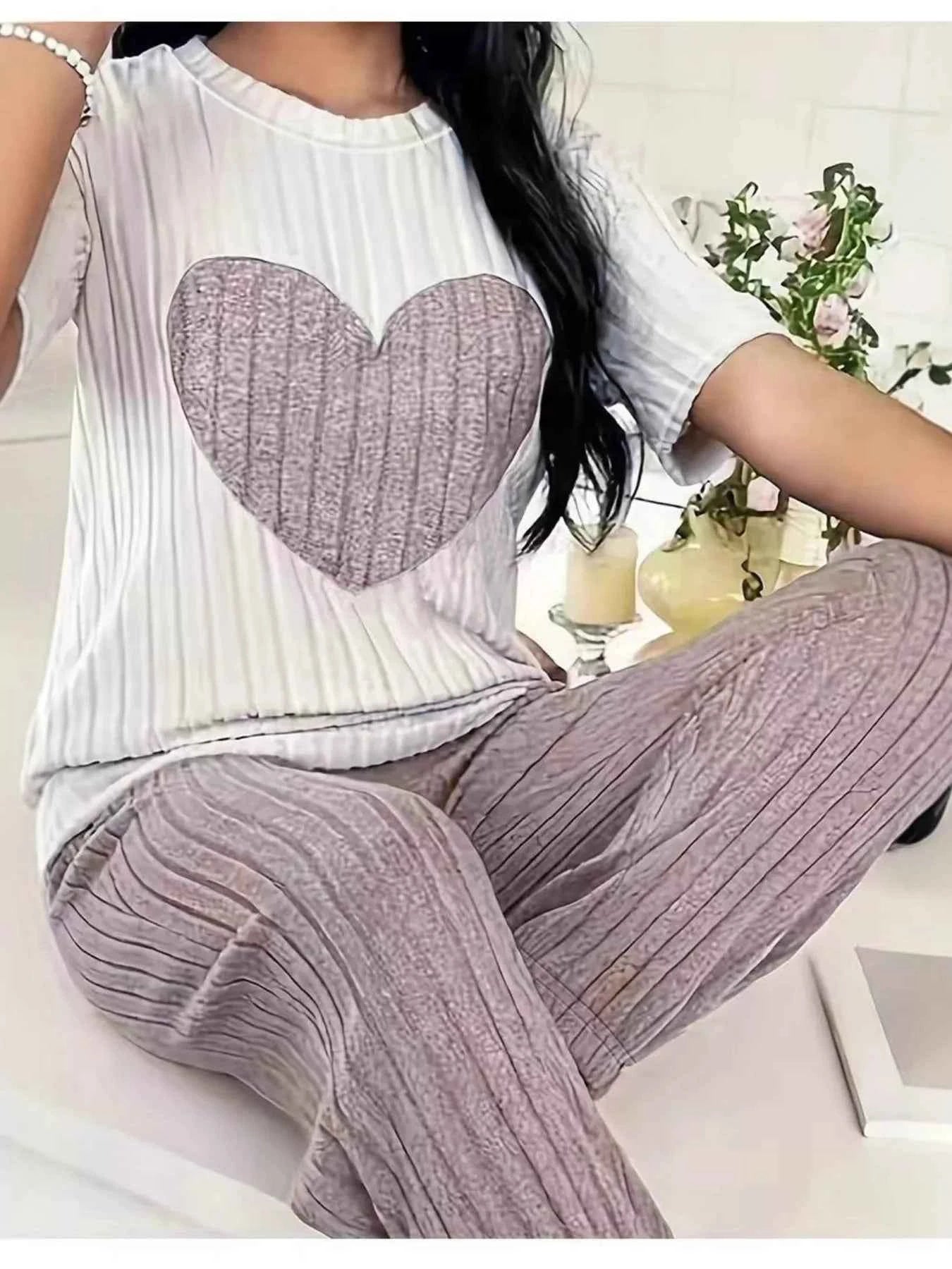 Heart Ribbed Knit Top and Pants Lounge Set