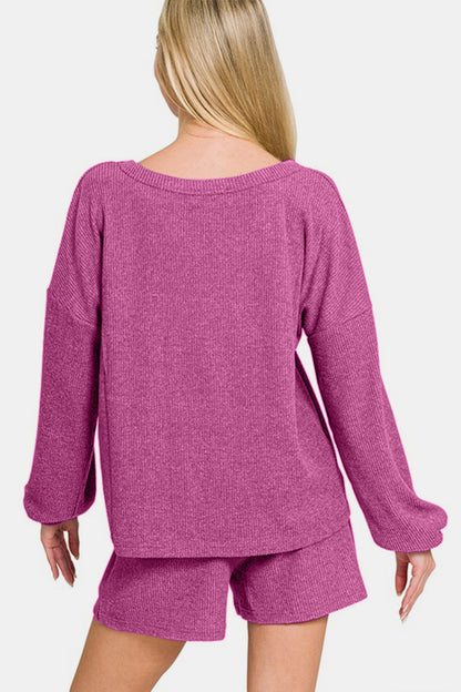 Red-Violet V-Neck Long Sleeve Ribbed Top and Shorts Set