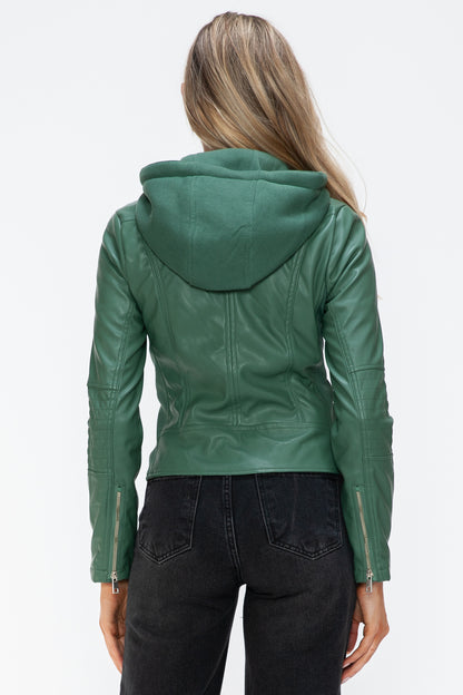 Sage Faux Leather Zip Up Drawstring Hooded Jacket