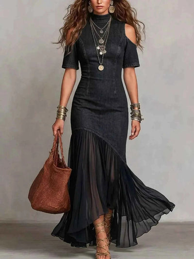 Ruffle Hem Maxi Dress - Mock Neck Cold Shoulder