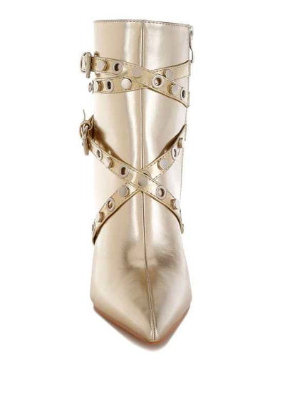 Marinta Metallic Slim Flared Heel Strappy Boots