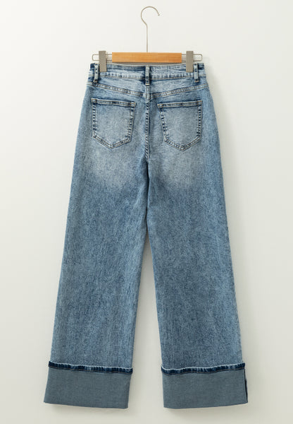 Medium Denim Washed Wide Leg Jeans with Pockets