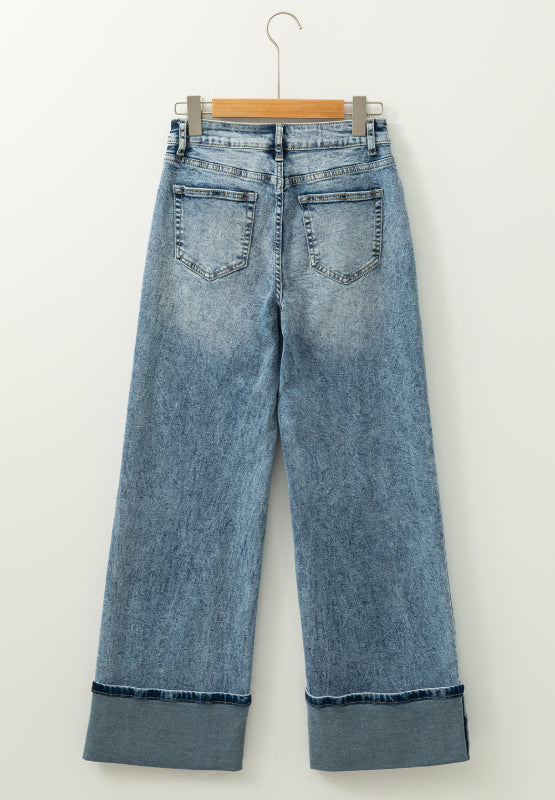 Medium Denim Washed Wide Leg Jeans with Pockets