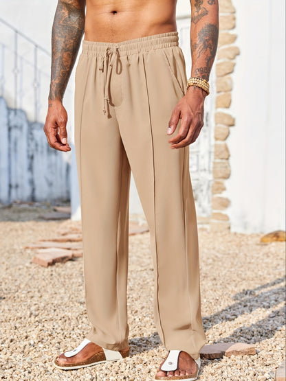 Mens Casual Loose Fit Drawstring Elastic Cotton Linen Pants