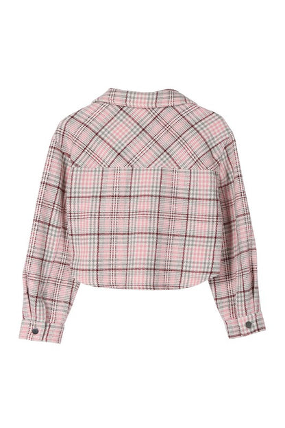 Pink Plaid Long Sleeve Cropped Jacket