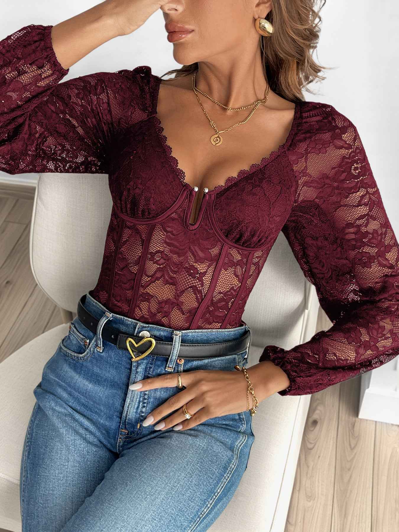 V-Neck Lace Bodysuit - Long Sleeve Sheer Style - Fashions Envy