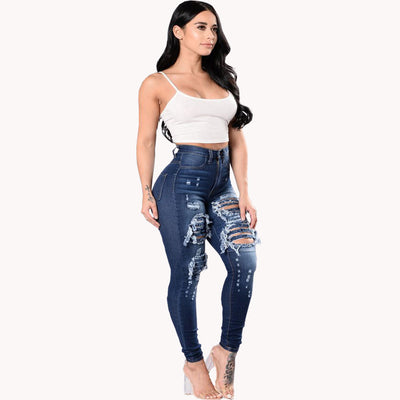 Women's Ripped Denim Pants - Washed Distressed Jeans