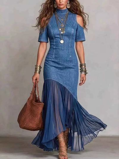 Ruffle Hem Maxi Dress - Mock Neck Cold Shoulder