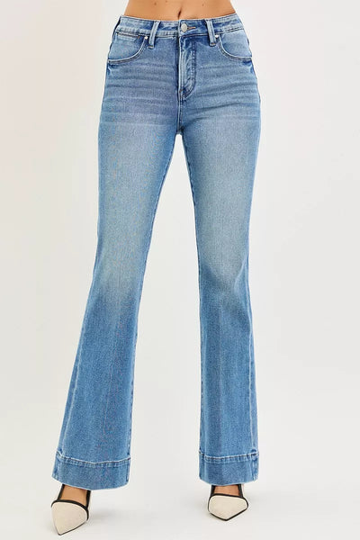 RISEN Flare Jeans - Tummy Control Mid Rise Stretch - Fashions Envy