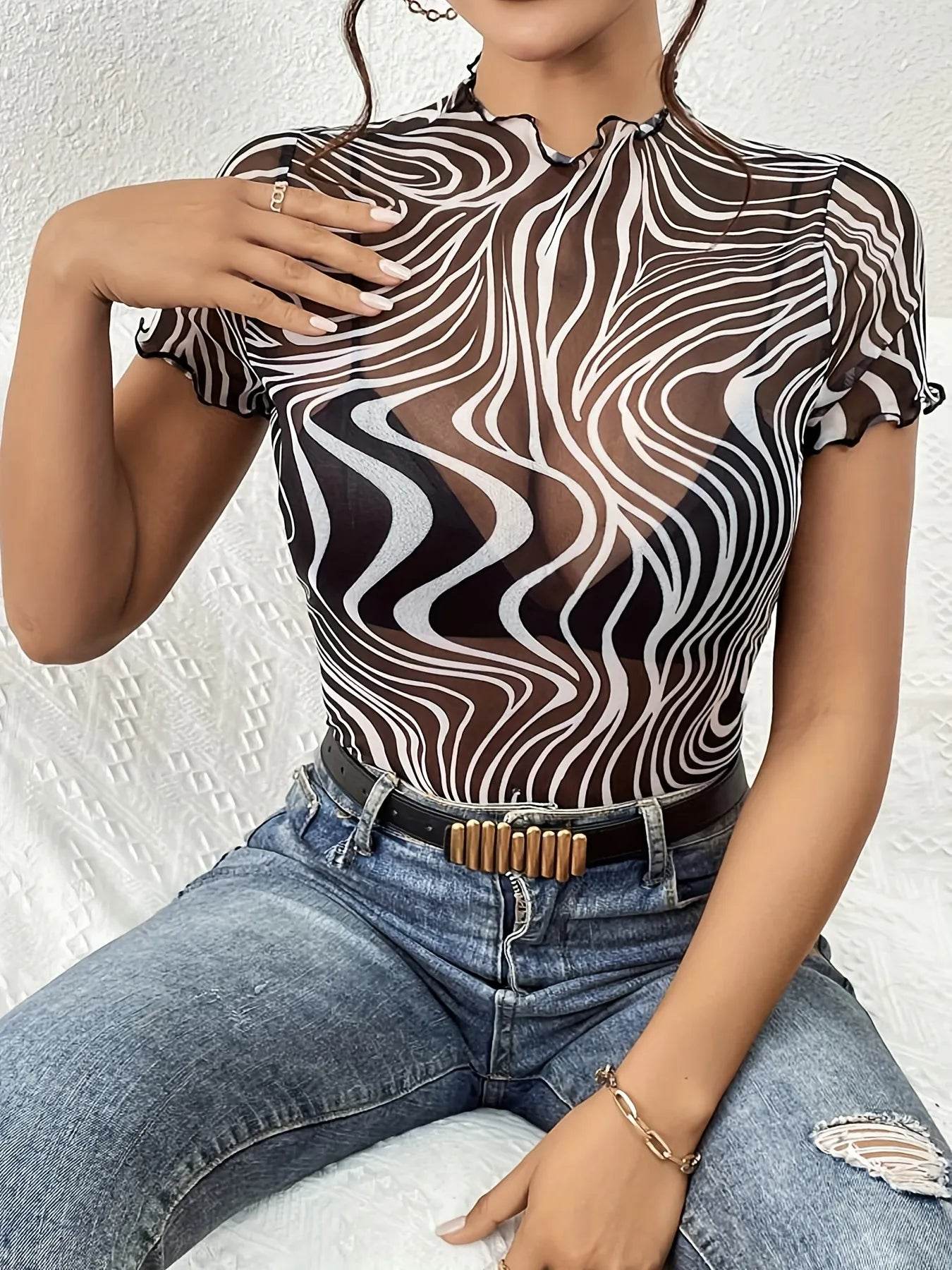 Psychedelic Wave Print Mock Neck T-Shirt - Mesh Statement Top - Fashions Envy