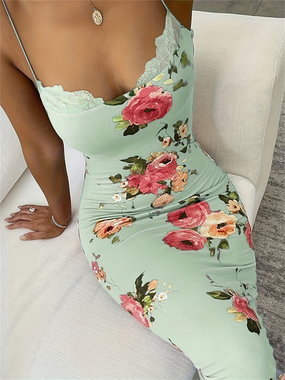 Charming Floral Patchwork Lace Slip Dress - Elegant V-Neck, Adjustable Straps