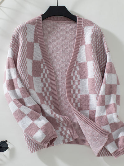 Double Take Checkered Open Front Dropped Shoulder Cardigan - Fashions Envy