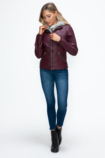 Wine Faux Layered Double-Zipper Jacket with Fuzzy Hood