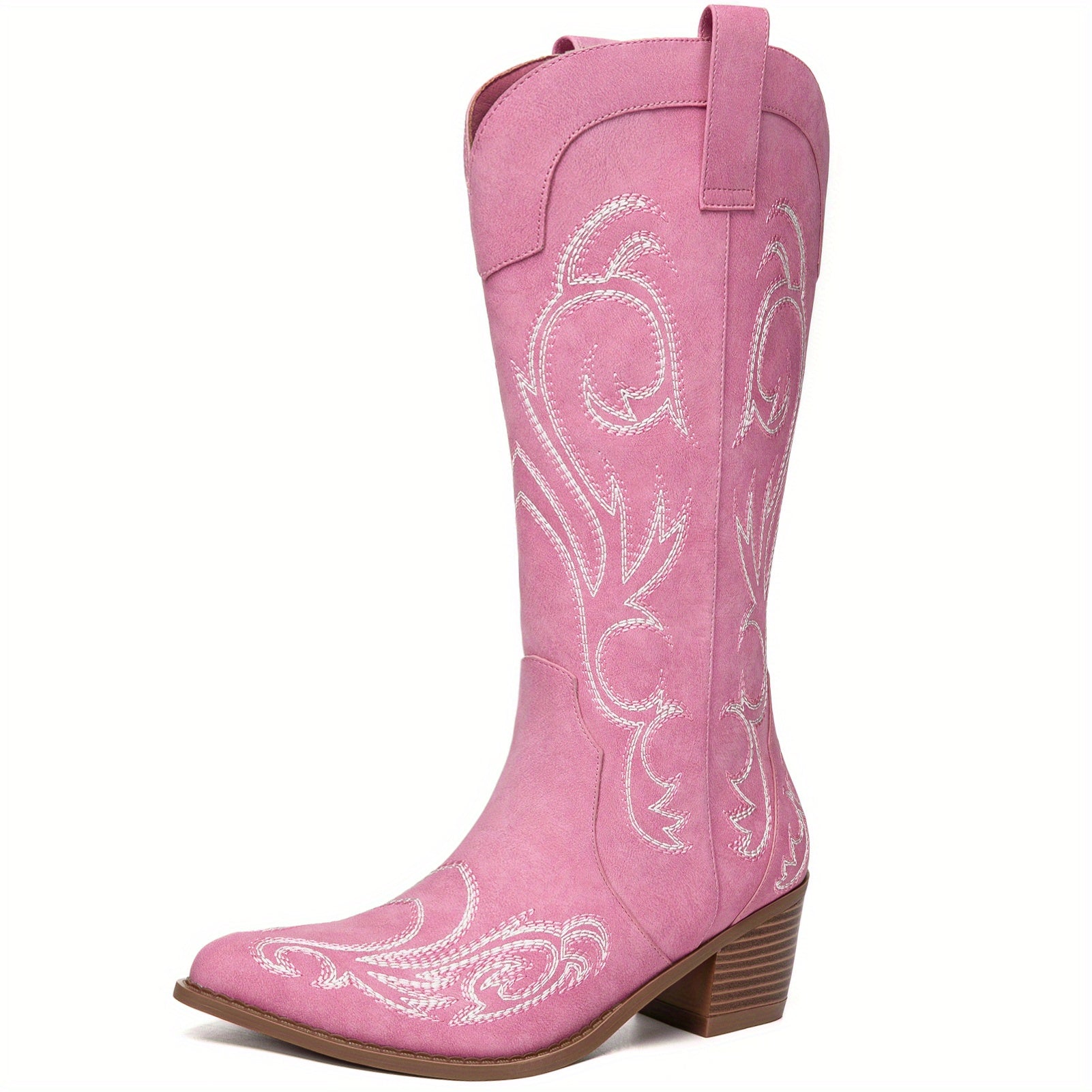 Pointed Toe Chunky 2.5" Heel Mid-Calf Boots with Hand-Stitched Navajo Embroidery